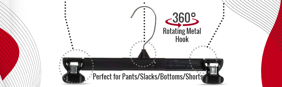 12" Black Plastic Pant/Skirt Slack-Bottom Hangers With Turnable Metal Hook, Sturdy Padded Non-Slip Plastic Clips (Mainetti 6212)