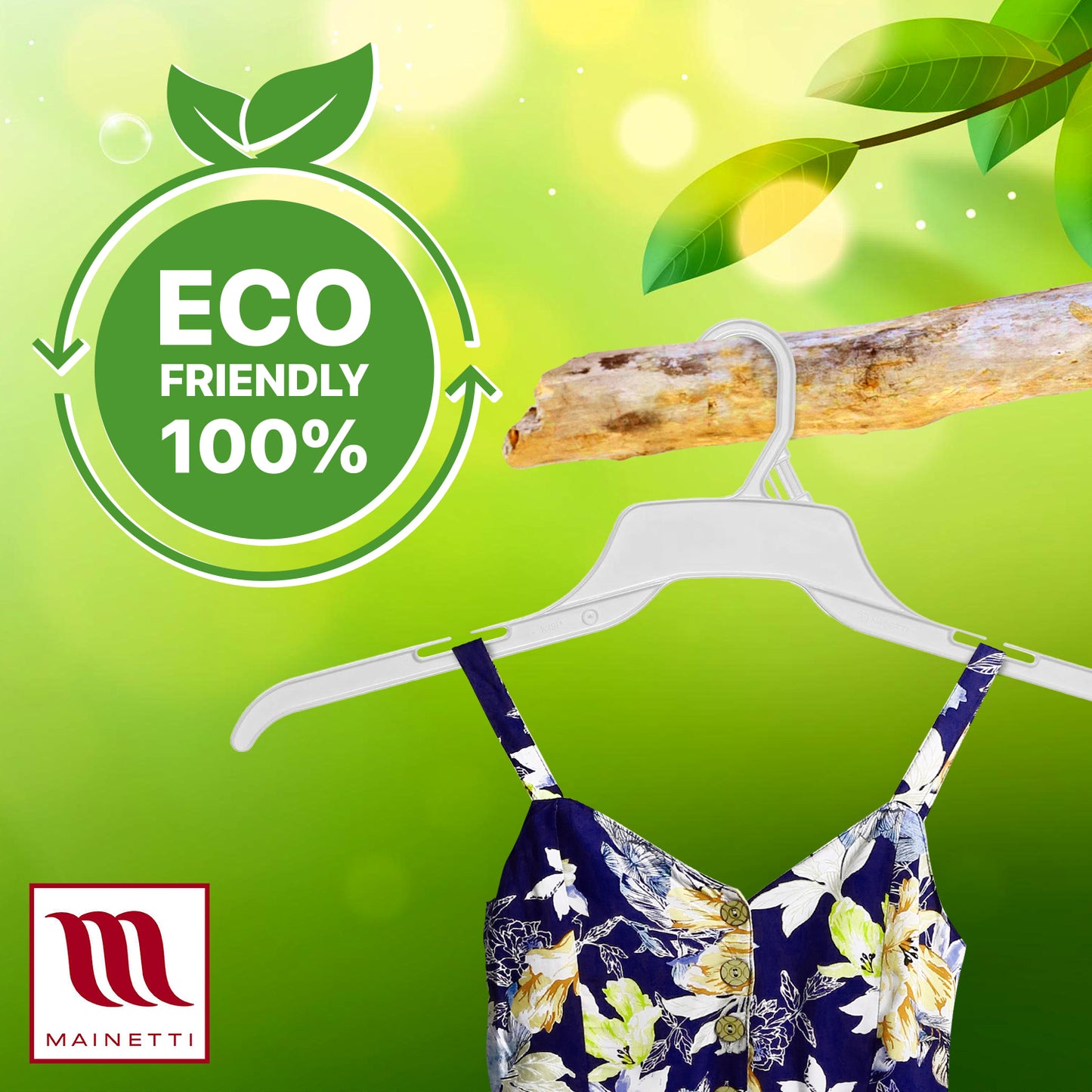 Mainetti 491, 19" Natural all Plastic, Shirt Top Dress Hangers, with notches for straps