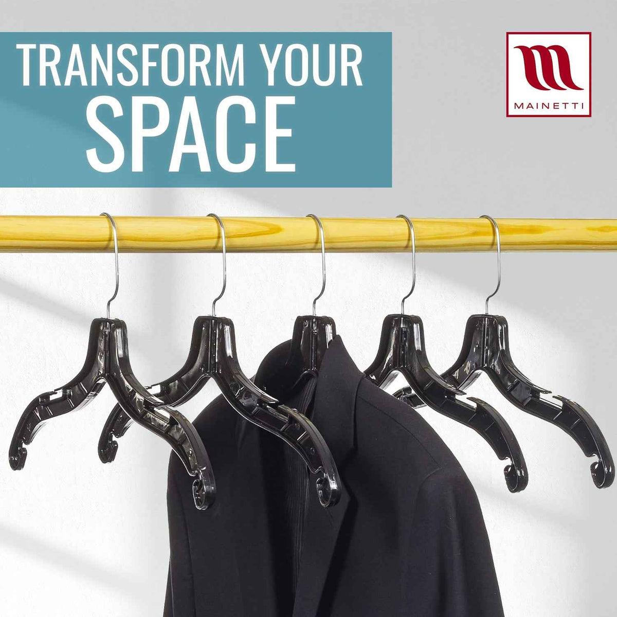 17" Black Plastic, Shirt Top Dress Hangers, with 360 swivel metal hook and notches for straps (Mainetti 5400)