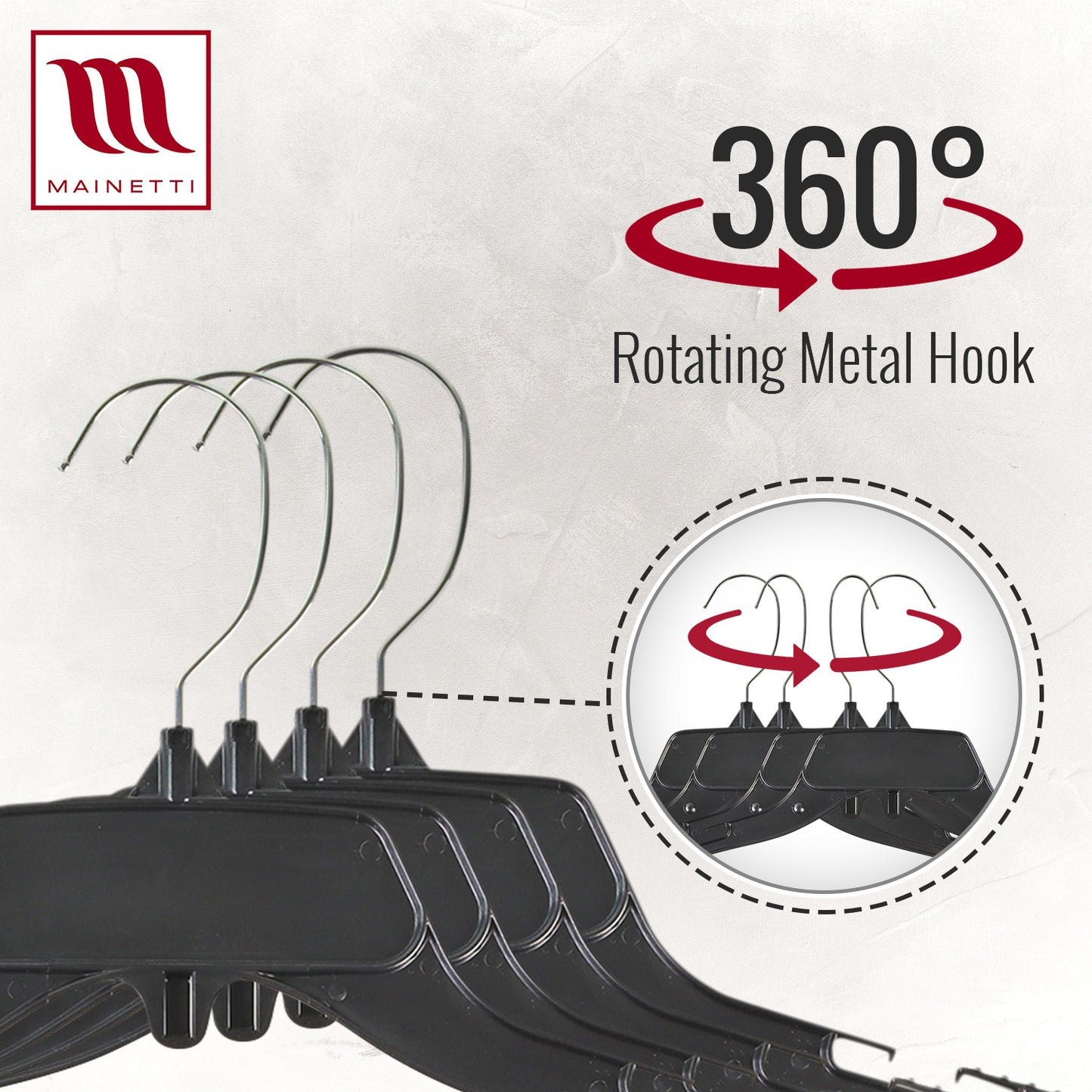 15" Black Plastic Shirt Top Dress Hangers With Turnable Metal Hook & Notches (Mainetti 485)