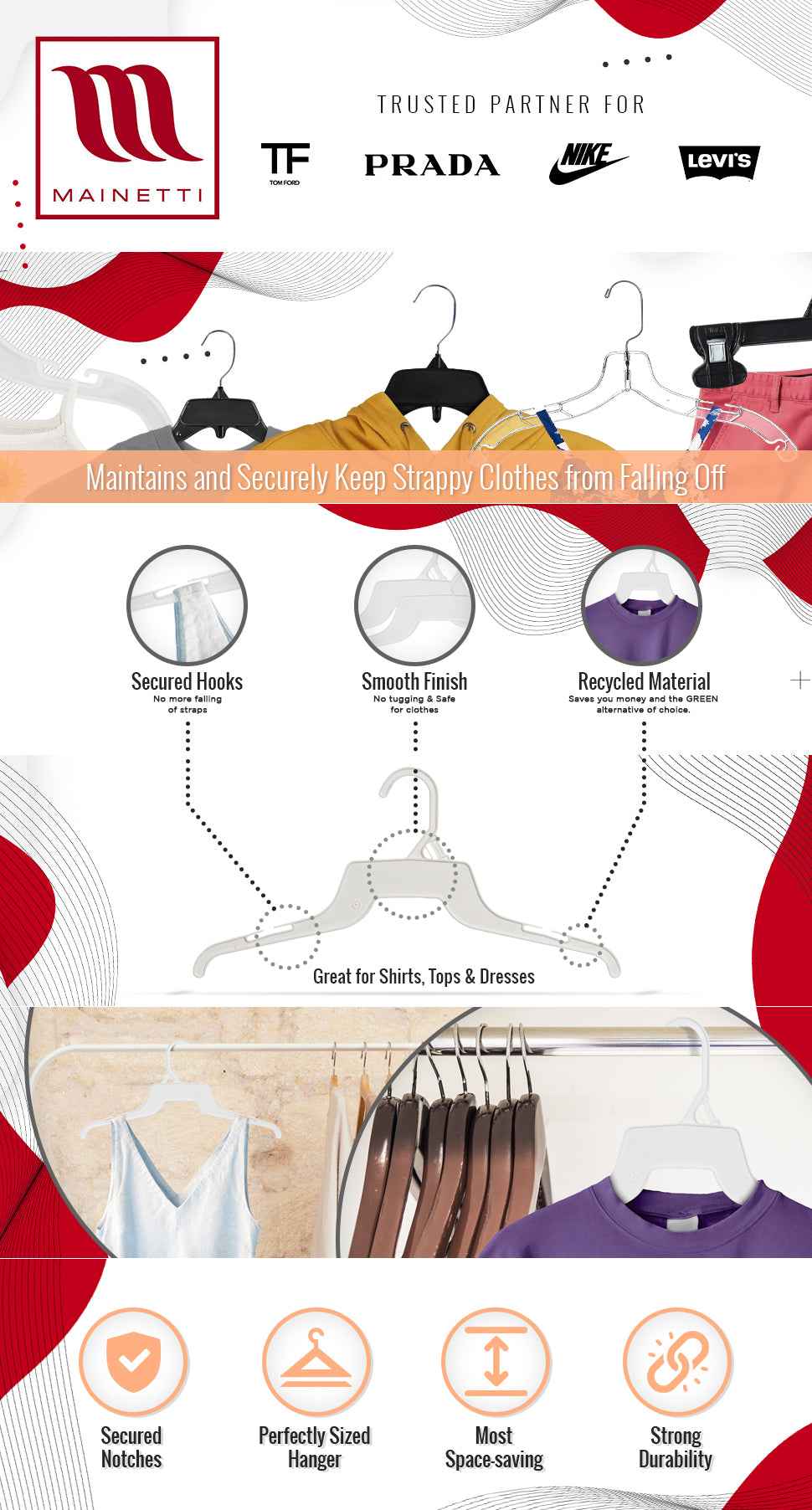 16" White all Plastic, Shirt Top Dress Hangers, with notches for straps (Mainetti 340)