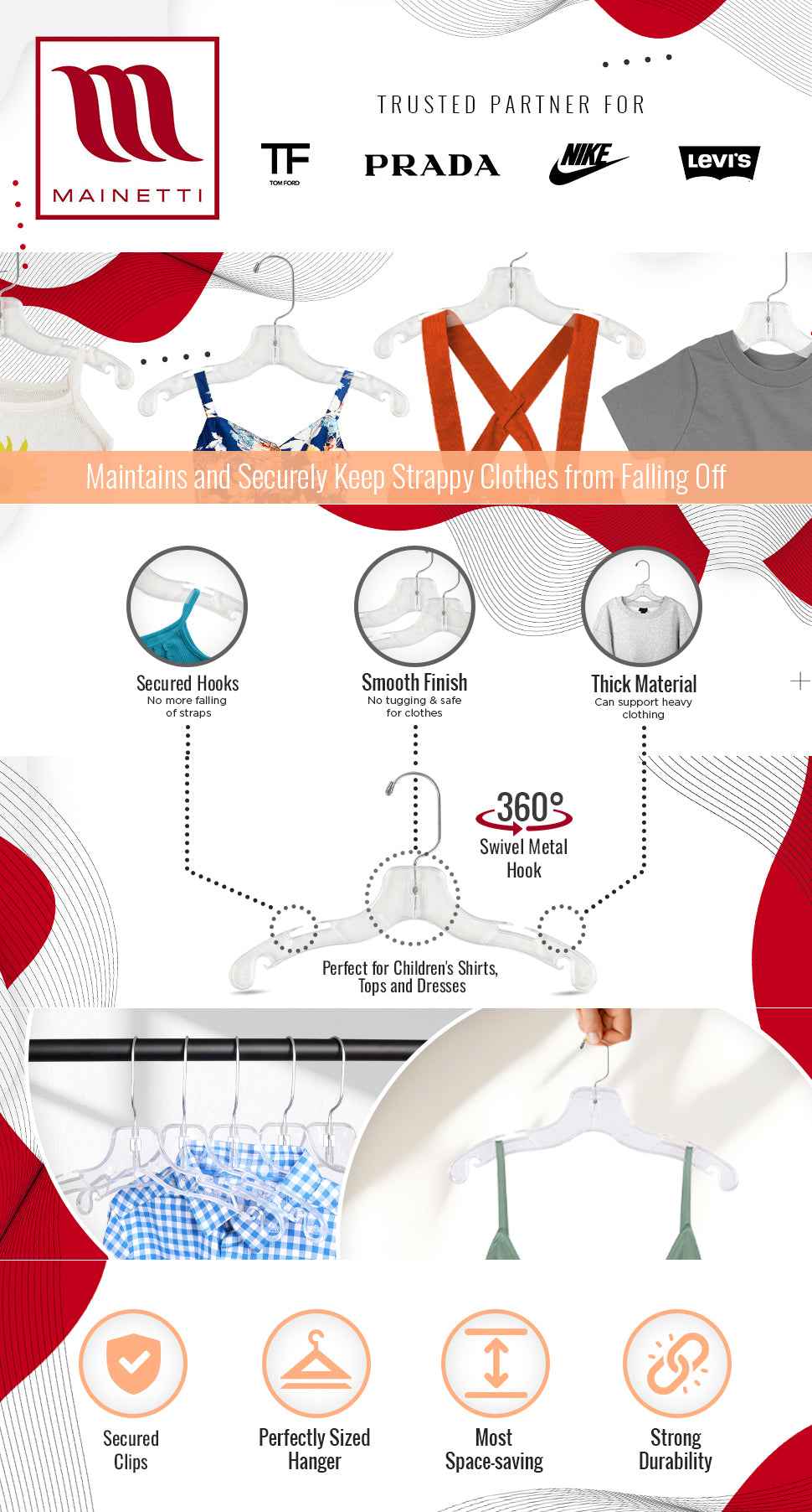 12" Clear Plastic, Children's Shirt Top Dress Hangers, with 360 swivel metal hook and notches for straps (Mainetti 5075)