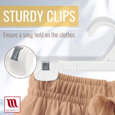 Mainetti 1001, 10" White all Plastic, Pant Skirt Slack Bottom Hangers, with sturdy plastic non-slip clips