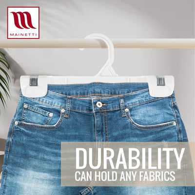 Mainetti 1001, 10" White all Plastic, Pant Skirt Slack Bottom Hangers, with sturdy plastic non-slip clips