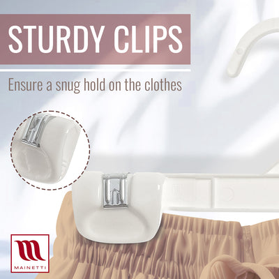 Mainetti 1004, 8" White all Plastic, Pant Skirt Slack Bottom Hangers, with sturdy plastic non-slip clips