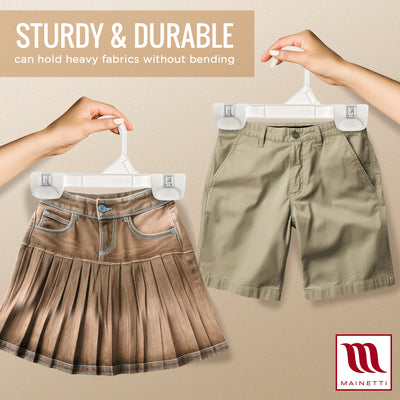 Mainetti 1004, 8" White all Plastic, Pant Skirt Slack Bottom Hangers, with sturdy plastic non-slip clips