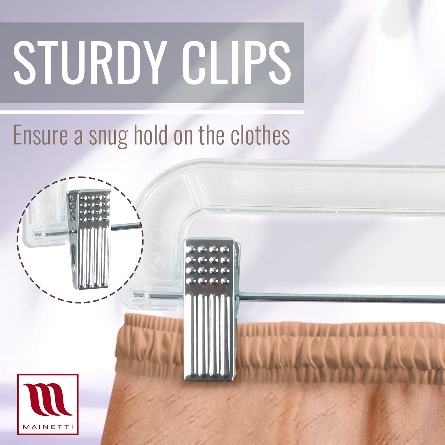 Mainetti 5131, 14" Clear Plastic, Pant Skirt Slack Bottom Hangers, with 360 swivel metal hook, sturdy metal non-slip padded clips