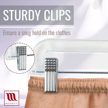 Mainetti 5131, 14" Clear Plastic, Pant Skirt Slack Bottom Hangers, with 360 swivel metal hook, sturdy metal non-slip padded clips