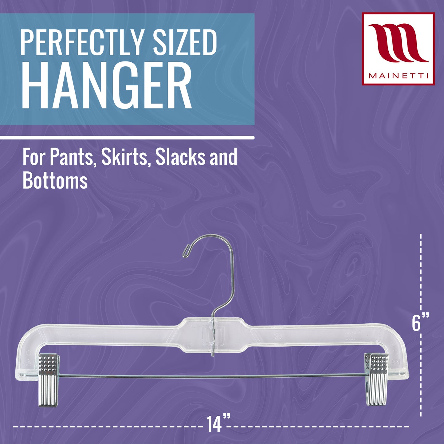 Mainetti 5131, 14" Clear Plastic, Pant Skirt Slack Bottom Hangers, with 360 swivel metal hook, sturdy metal non-slip padded clips