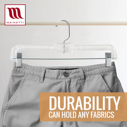 Mainetti 5131, 14" Clear Plastic, Pant Skirt Slack Bottom Hangers, with 360 swivel metal hook, sturdy metal non-slip padded clips