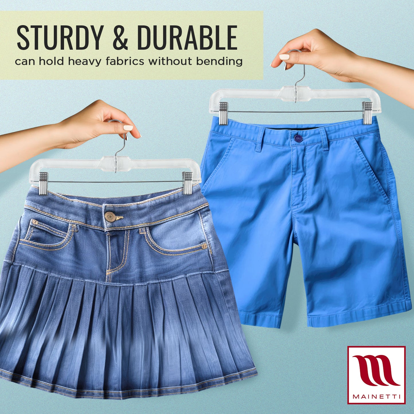 Mainetti 5131, 14" Clear Plastic, Pant Skirt Slack Bottom Hangers, with 360 swivel metal hook, sturdy metal non-slip padded clips