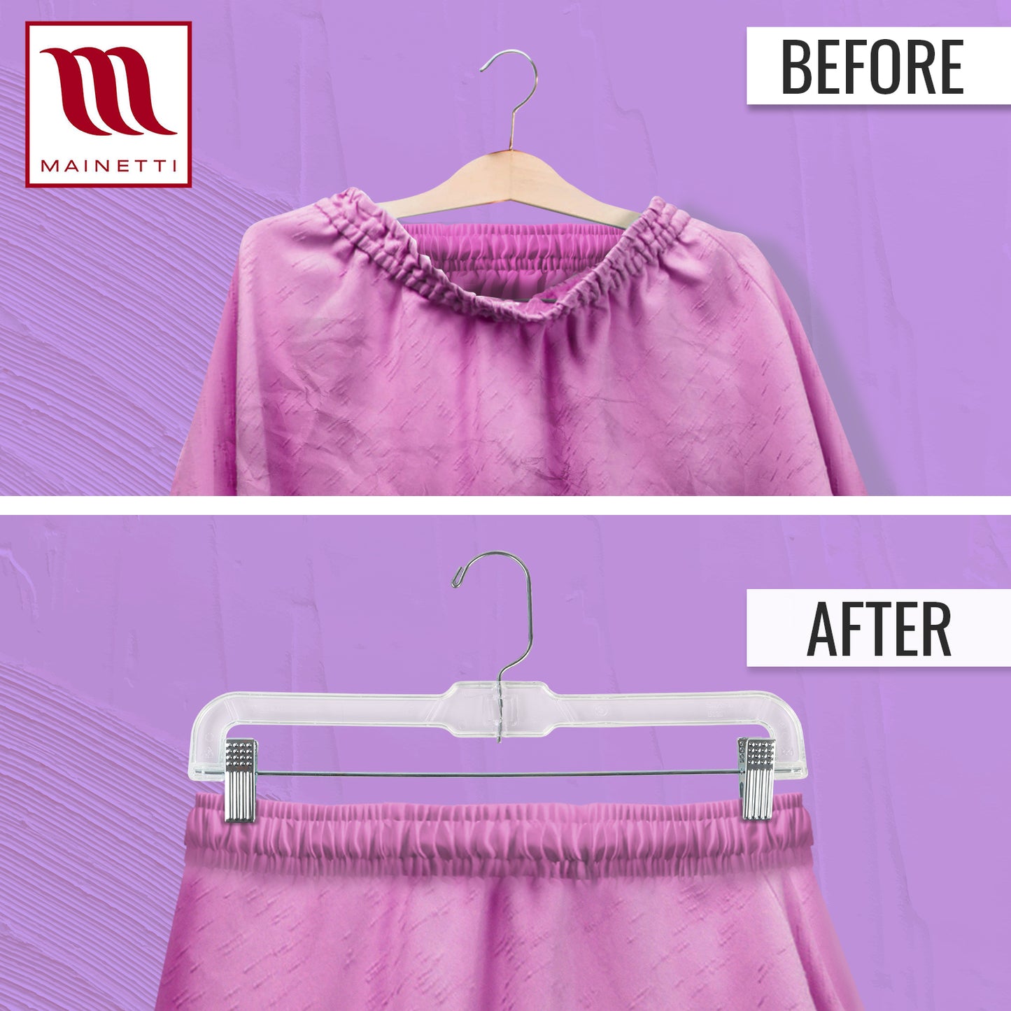 Mainetti 5131, 14" Clear Plastic, Pant Skirt Slack Bottom Hangers, with 360 swivel metal hook, sturdy metal non-slip padded clips