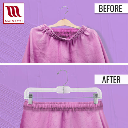 Mainetti 5131, 14" Clear Plastic, Pant Skirt Slack Bottom Hangers, with 360 swivel metal hook, sturdy metal non-slip padded clips