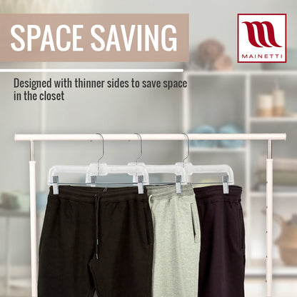 Mainetti 5131, 14" Clear Plastic, Pant Skirt Slack Bottom Hangers, with 360 swivel metal hook, sturdy metal non-slip padded clips