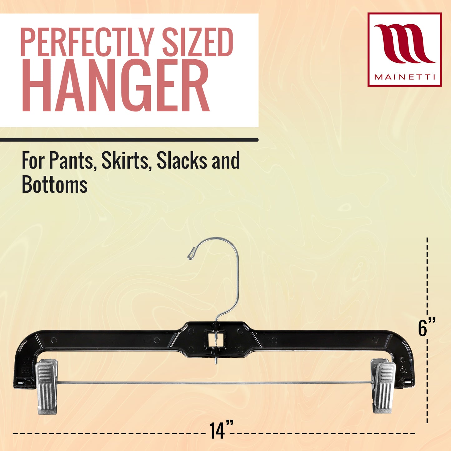 Mainetti 5131, 14" Black Plastic, Pant Skirt Slack Bottom Hangers, with 360 swivel metal hook, sturdy metal non-slip padded clips