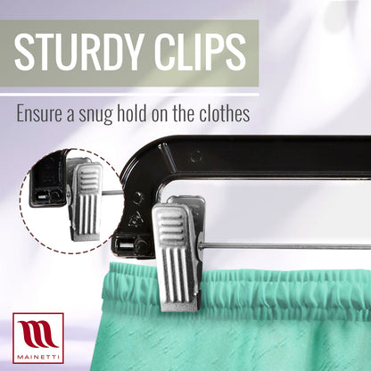 Mainetti 5131, 14" Black Plastic, Pant Skirt Slack Bottom Hangers, with 360 swivel metal hook, sturdy metal non-slip padded clips