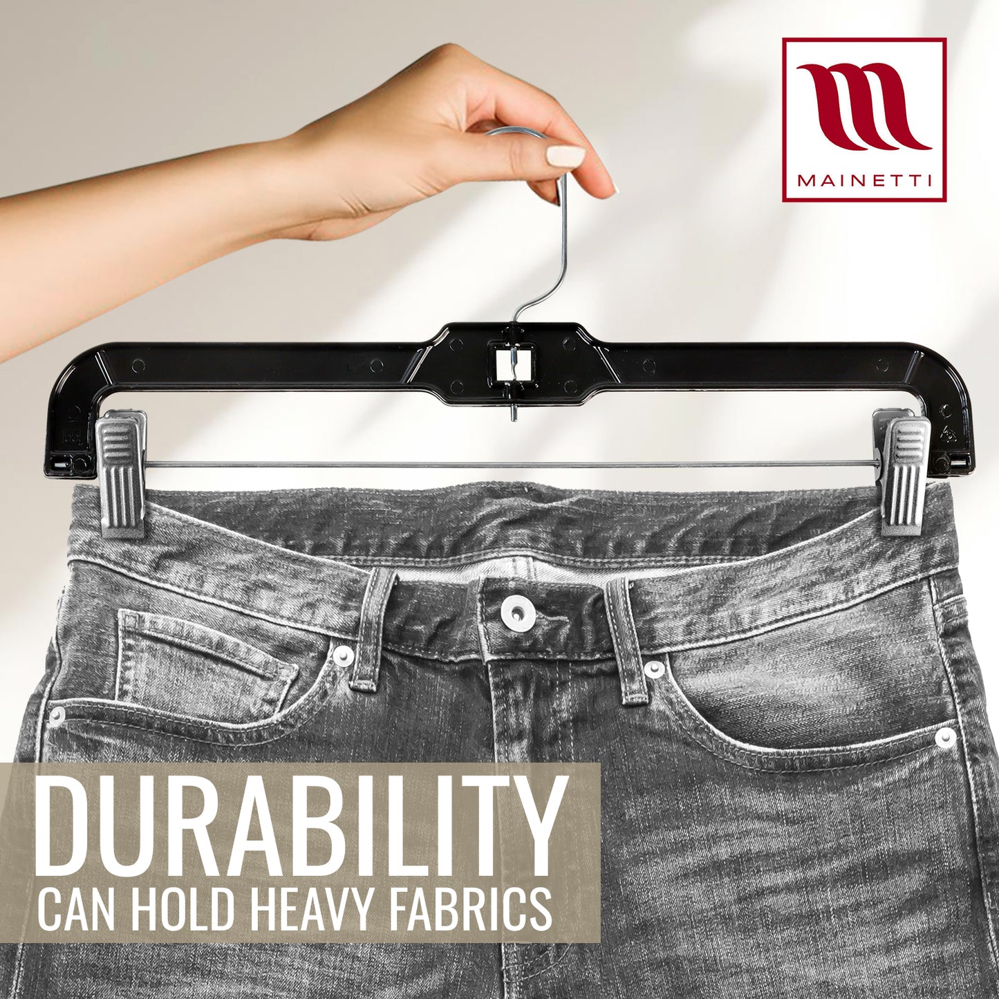 Mainetti 5131, 14" Black Plastic, Pant Skirt Slack Bottom Hangers, with 360 swivel metal hook, sturdy metal non-slip padded clips