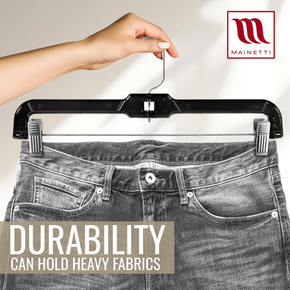 Mainetti 5131, 14" Black Plastic, Pant Skirt Slack Bottom Hangers, with 360 swivel metal hook, sturdy metal non-slip padded clips