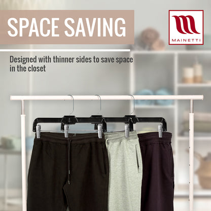Mainetti 5131, 14" Black Plastic, Pant Skirt Slack Bottom Hangers, with 360 swivel metal hook, sturdy metal non-slip padded clips