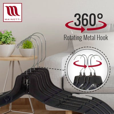 Mainetti 5400, 17" Black Plastic, Shirt Top Dress Hangers, with 360 swivel metal hook and notches for straps