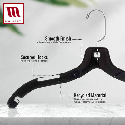 Mainetti 5400, 17" Black Plastic, Shirt Top Dress Hangers, with 360 swivel metal hook and notches for straps
