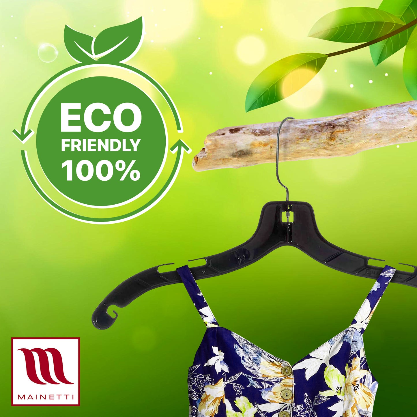 Mainetti 5400, 17" Black Plastic, Shirt Top Dress Hangers, with 360 swivel metal hook and notches for straps