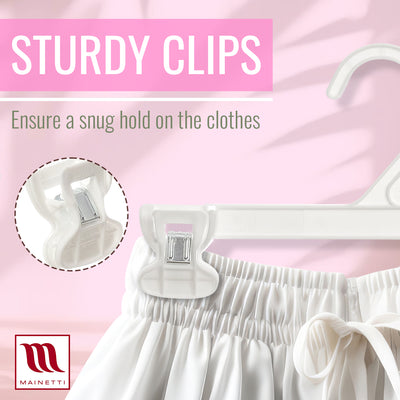 Mainetti 6110, 10" White all Plastic, Pant Skirt Slack Bottom Hangers, with sturdy plastic non-slip clips