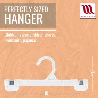 Mainetti 1001, 10" White all Plastic, Pant Skirt Slack Bottom Hangers, with sturdy plastic non-slip clips