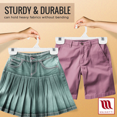 Mainetti 1001, 10" White all Plastic, Pant Skirt Slack Bottom Hangers, with sturdy plastic non-slip clips