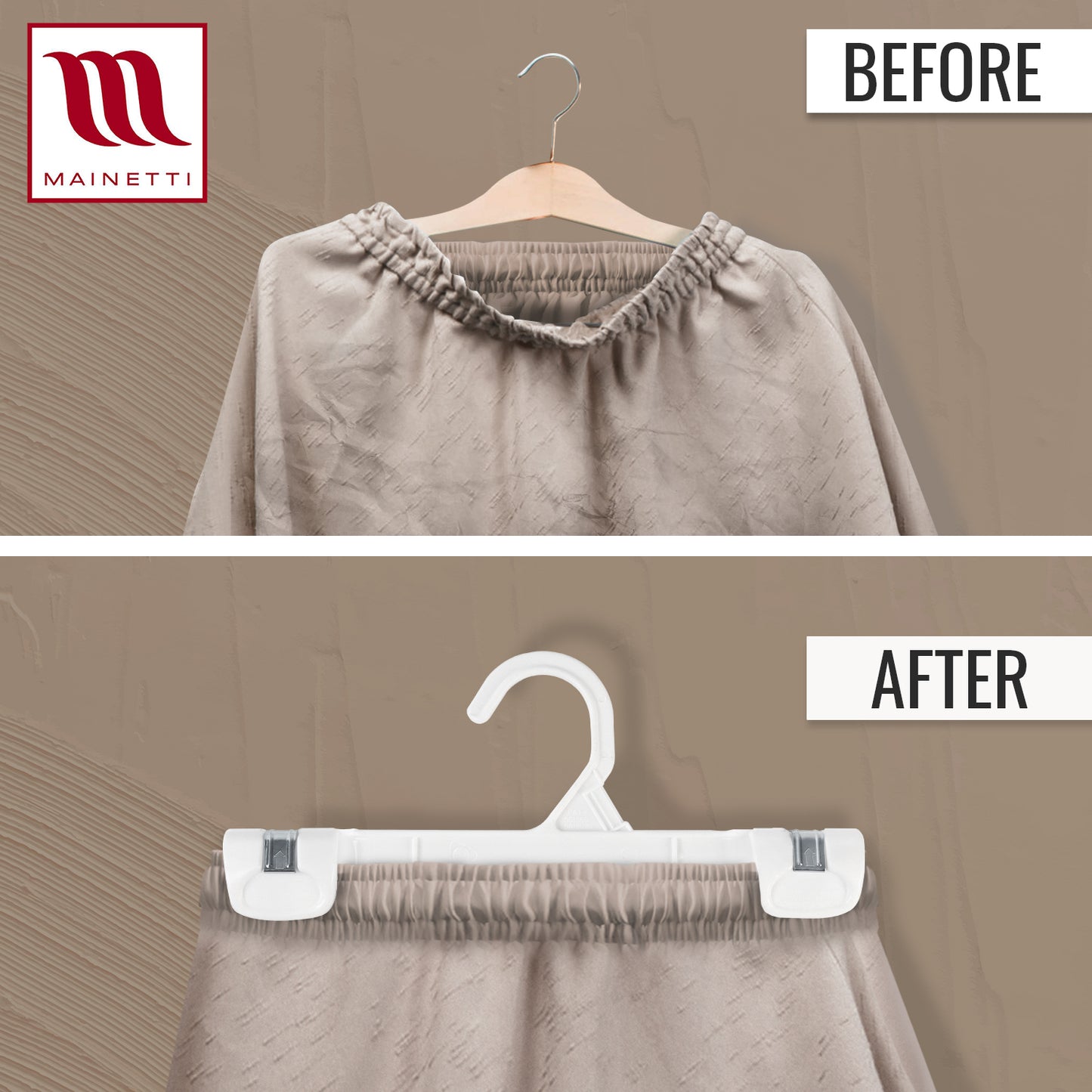 10" White all Plastic, Pant Skirt Slack Bottom Hangers, with sturdy plastic non-slip clips (Mainetti 1001)