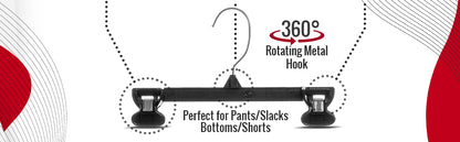 Mainetti 6010, 10" Black Plastic, Pant Skirt Slack Bottom Hangers, with turnable metal hook, sturdy plastic non-slip clips