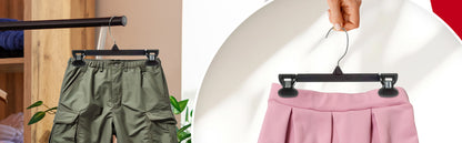 Mainetti 6010, 10" Black Plastic, Pant Skirt Slack Bottom Hangers, with turnable metal hook, sturdy plastic non-slip clips
