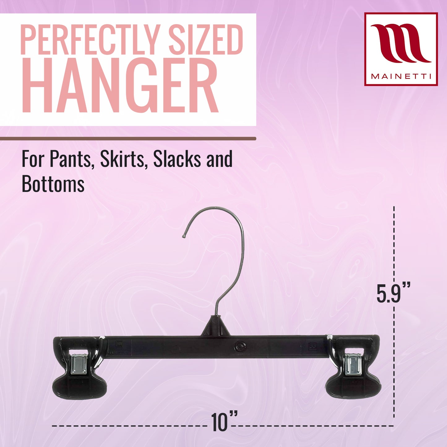 Mainetti 6010, 10" Black Plastic, Pant Skirt Slack Bottom Hangers, with turnable metal hook, sturdy plastic non-slip clips
