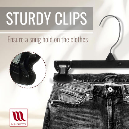 Mainetti 6010, 10" Black Plastic, Pant Skirt Slack Bottom Hangers, with turnable metal hook, sturdy plastic non-slip clips