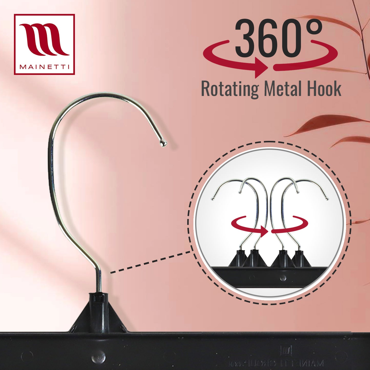 Mainetti 6010, 10" Black Plastic, Pant Skirt Slack Bottom Hangers, with turnable metal hook, sturdy plastic non-slip clips