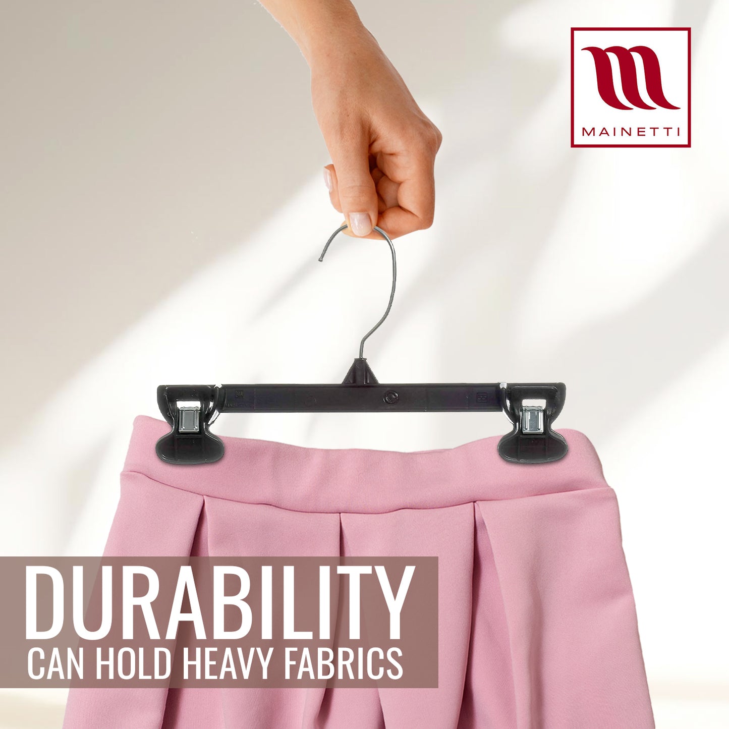 Mainetti 6010, 10" Black Plastic, Pant Skirt Slack Bottom Hangers, with turnable metal hook, sturdy plastic non-slip clips