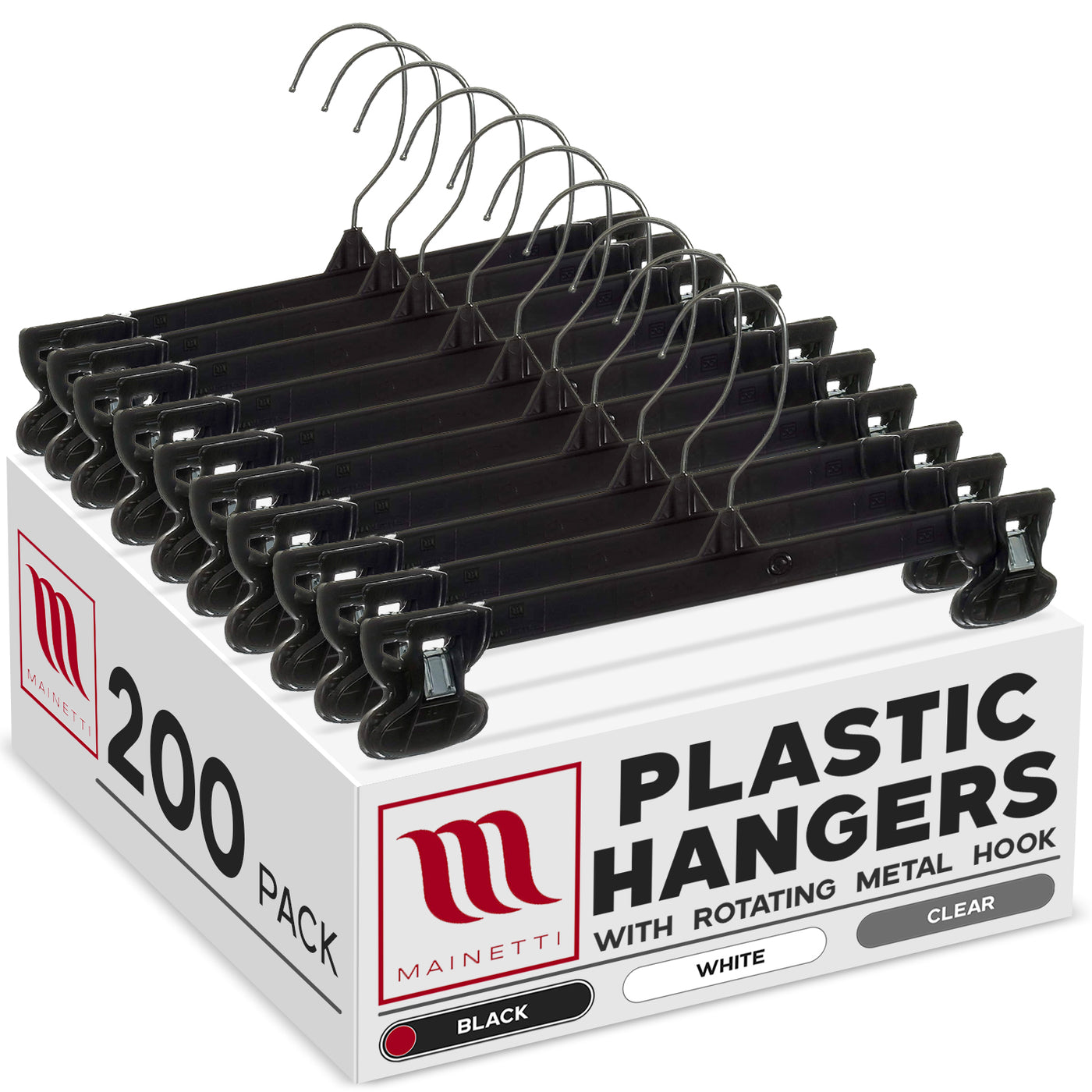 Mainetti 6010, 10" Black Plastic, Pant Skirt Slack Bottom Hangers, with turnable metal hook, sturdy plastic non-slip clips