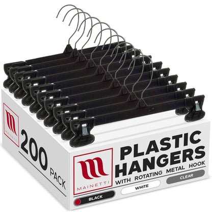 Mainetti 6012, 12" Black Plastic, Pant Skirt Slack Bottom Hangers, with turnable metal hook, sturdy plastic non-slip clips