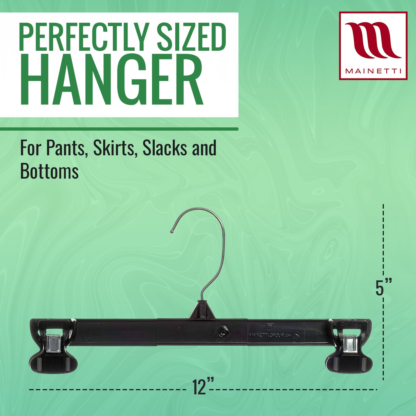 Mainetti 6212, 12" Black Plastic, Pant Skirt Slack Bottom Hangers, with turnable metal hook, sturdy padded non-slip plastic clips