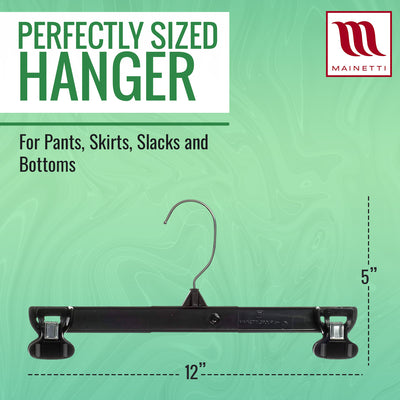 Mainetti 6212, 12" Black Plastic, Pant Skirt Slack Bottom Hangers, with turnable metal hook, sturdy padded non-slip plastic clips
