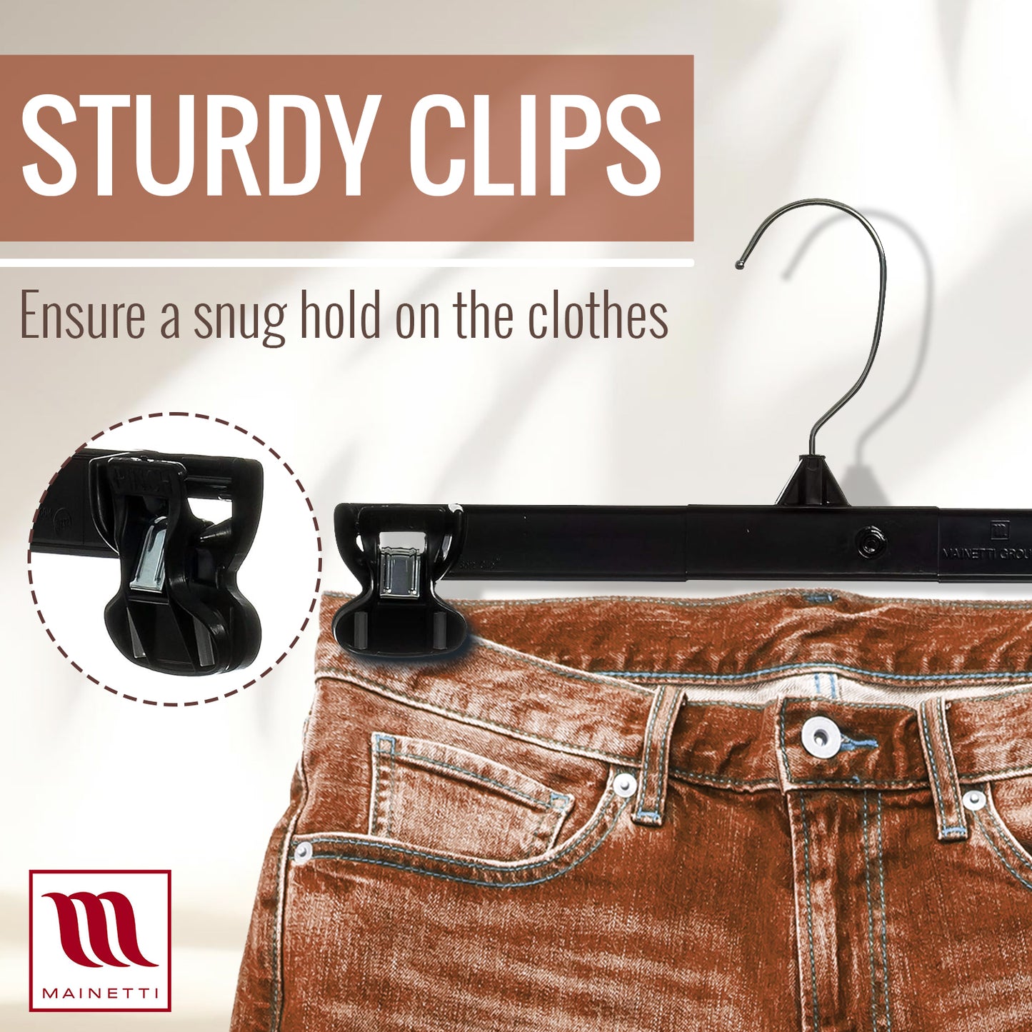 Mainetti 6212, 12" Black Plastic, Pant Skirt Slack Bottom Hangers, with turnable metal hook, sturdy padded non-slip plastic clips