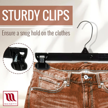 Mainetti 6212, 12" Black Plastic, Pant Skirt Slack Bottom Hangers, with turnable metal hook, sturdy padded non-slip plastic clips