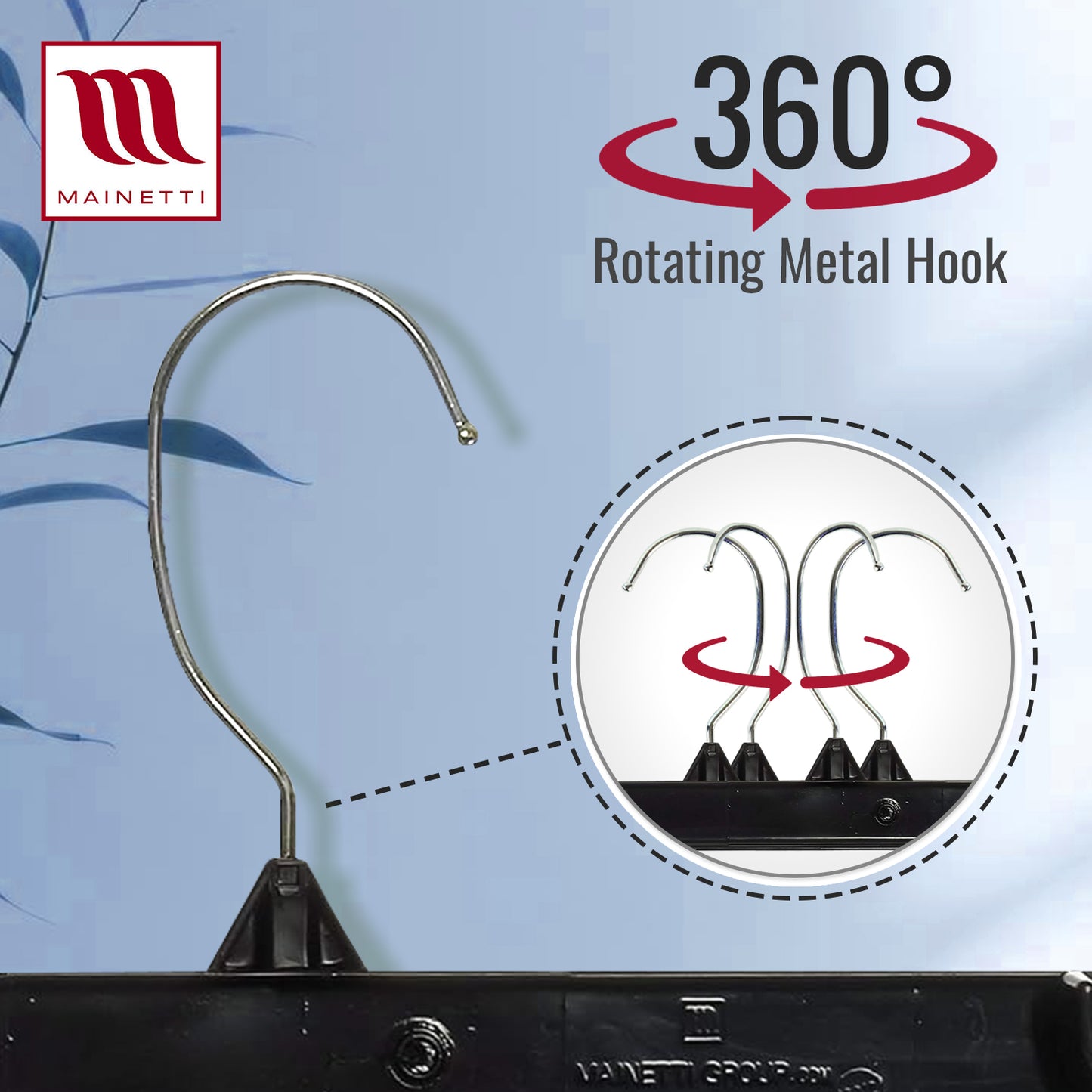 Mainetti 6212, 12" Black Plastic, Pant Skirt Slack Bottom Hangers, with turnable metal hook, sturdy padded non-slip plastic clips