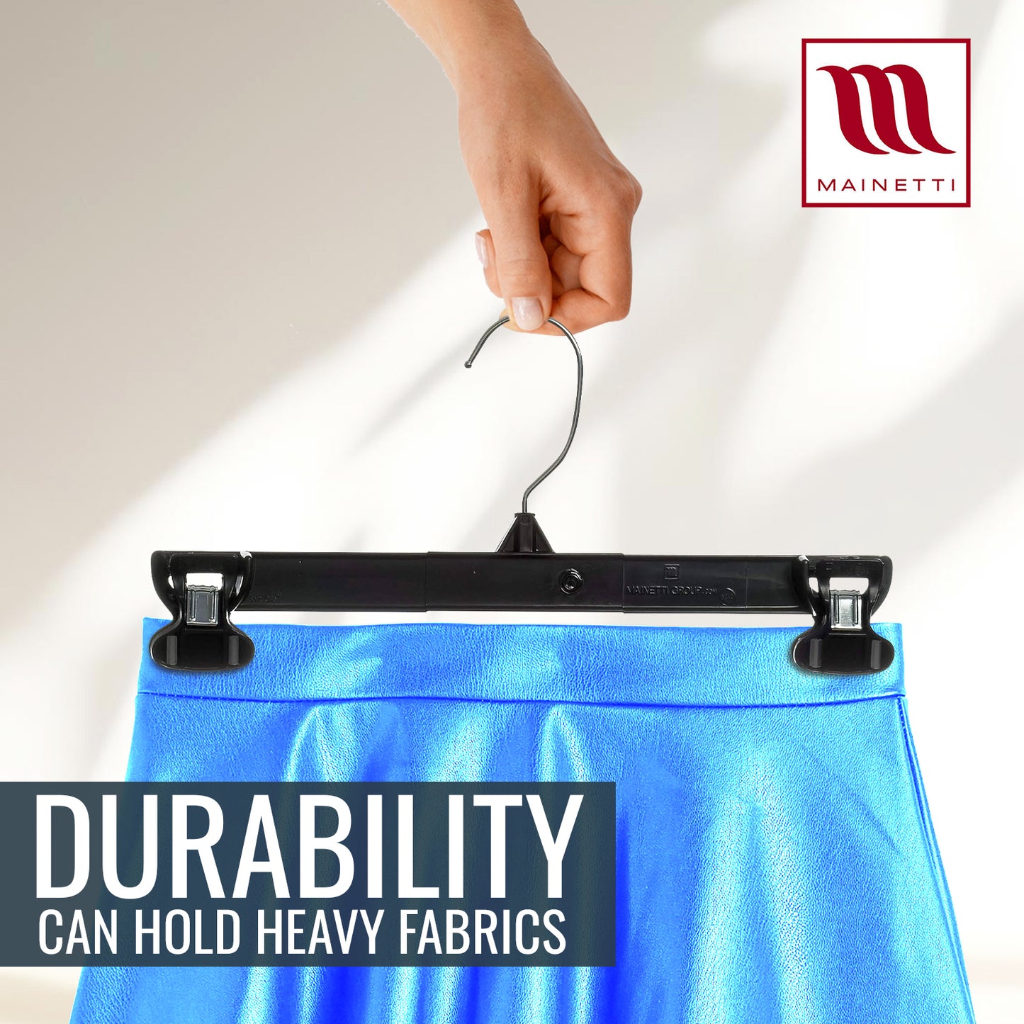 Mainetti 6212, 12" Black Plastic, Pant Skirt Slack Bottom Hangers, with turnable metal hook, sturdy padded non-slip plastic clips