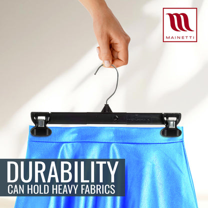 Mainetti 6212, 12" Black Plastic, Pant Skirt Slack Bottom Hangers, with turnable metal hook, sturdy padded non-slip plastic clips