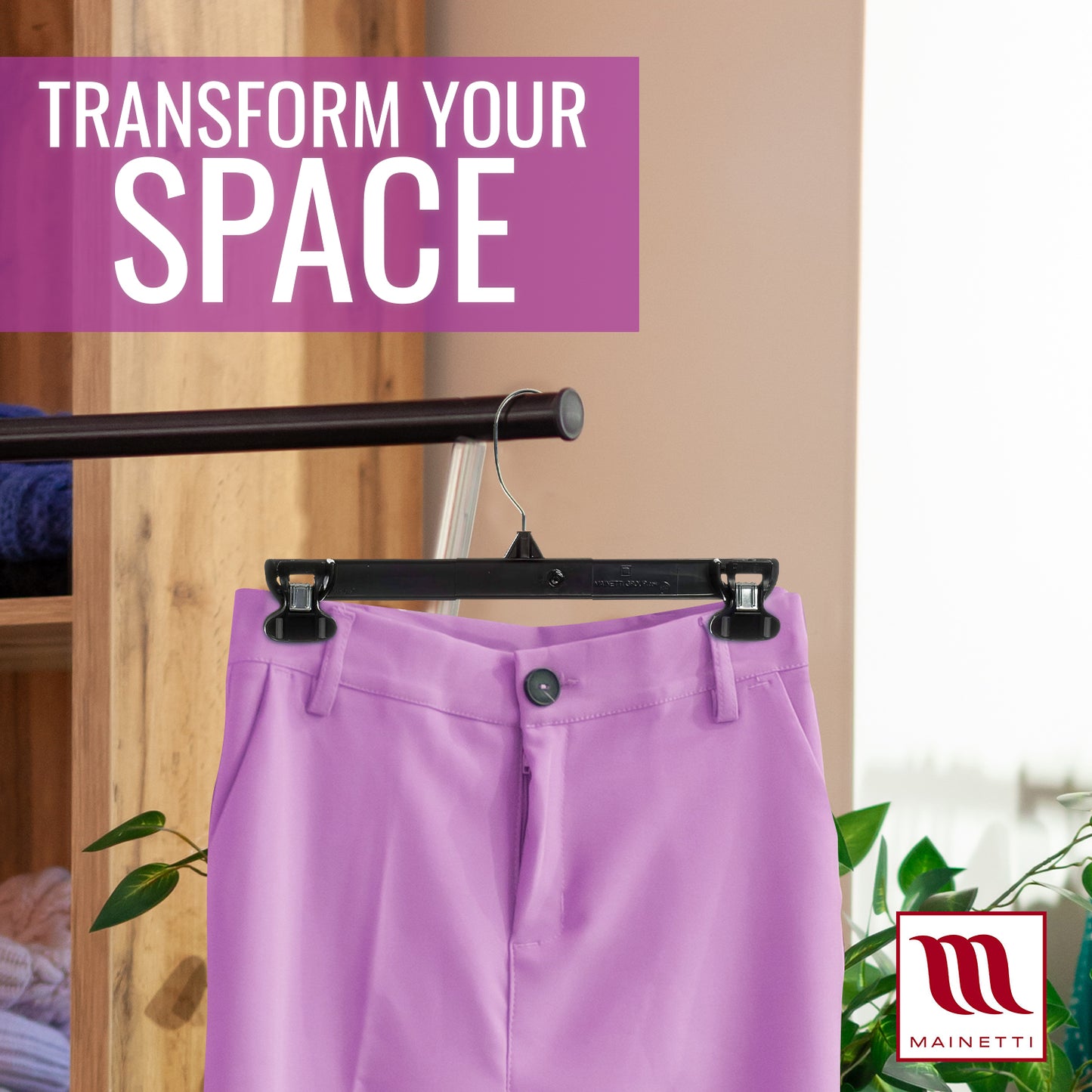 Mainetti 6212, 12" Black Plastic, Pant Skirt Slack Bottom Hangers, with turnable metal hook, sturdy padded non-slip plastic clips