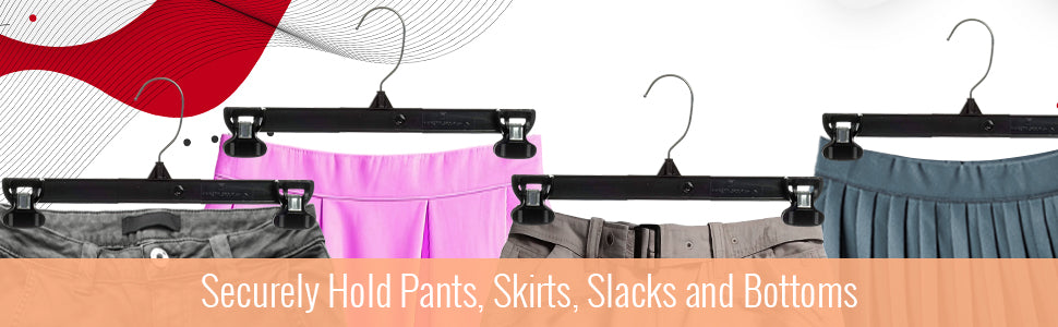 Mainetti 6212, 12" Black Plastic, Pant Skirt Slack Bottom Hangers, with turnable metal hook, sturdy padded non-slip plastic clips