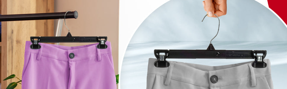 Mainetti 6212, 12" Black Plastic, Pant Skirt Slack Bottom Hangers, with turnable metal hook, sturdy padded non-slip plastic clips