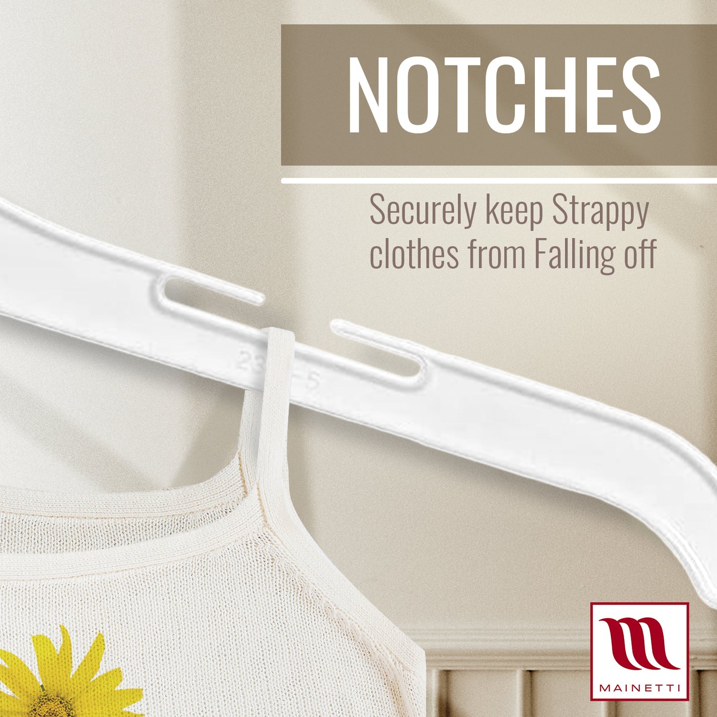 Mainetti 227, 14" White all Plastic, Shirt Top Dress Hangers, with notches for straps