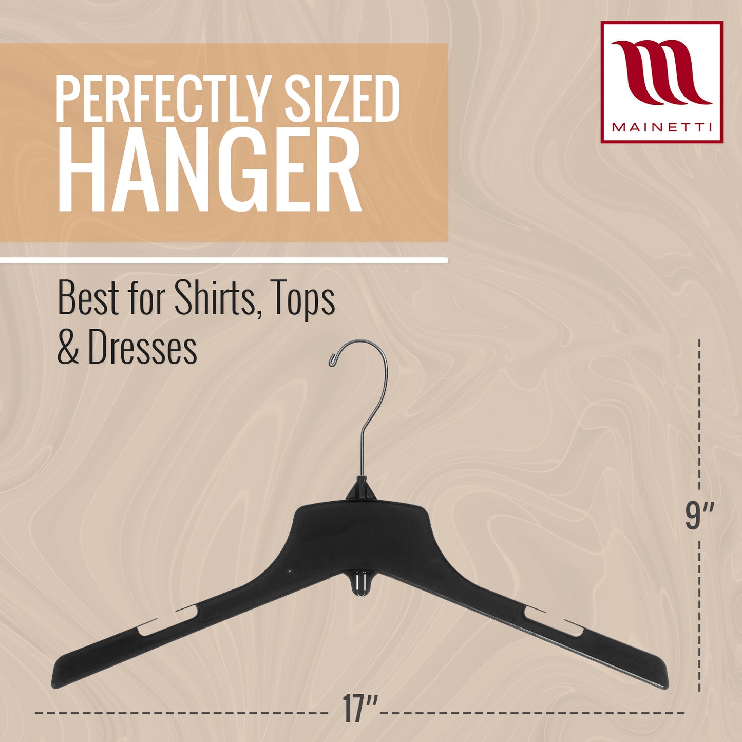 17" Heavy Duty Black Plastic, Jacket Coat Outerwear Hangers, with long turnable metal hook (Mainetti 3329)